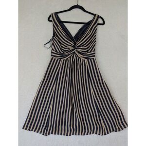 Ted Baker London Navy Tan Striped V-Neck Twist Front Fit Flare Dress Size 2